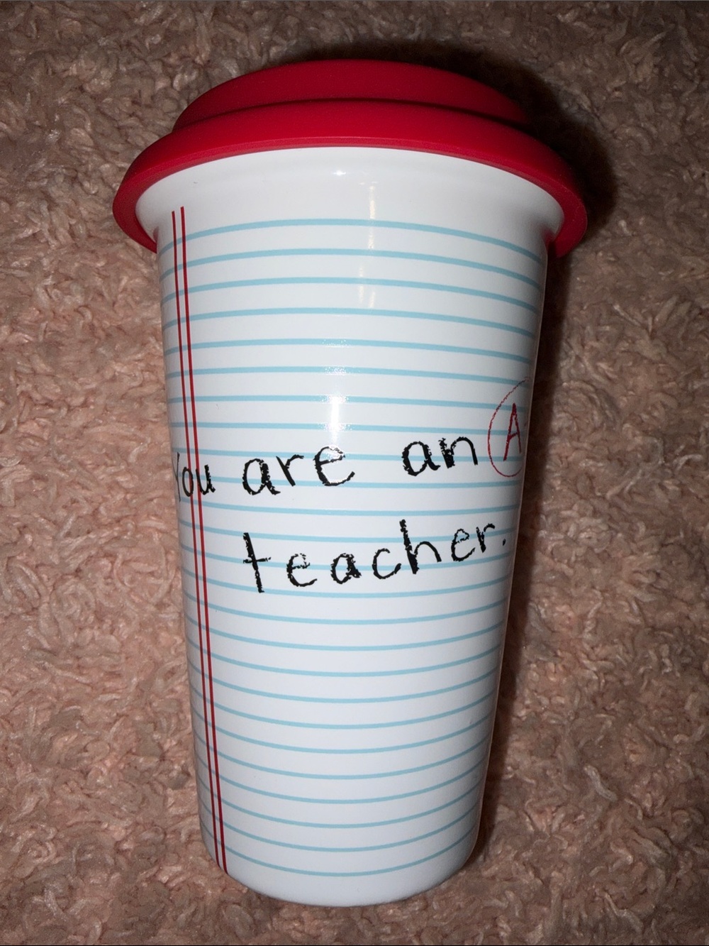 Sonoma Teacher Travel Coffee Mug Ceramic red Silicone top Notebook Paper Motif